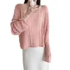 Cardigan de tricô vazado estilo coreano com proteção solar para mulheres, puro e atraente, suéter fino de manga longa ombro a ombro em branco