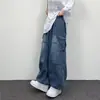 2023 suprimento transfronteiriço jeans de trabalho casuais de perna larga soltos com drapeado retrô de rua japonês com bolso grande