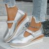 Sapatos Casuais da Moda com Solado Grosso para Mulheres, Estilo Europeu e Americano, com Design Estampado, Fivela, Design Vazado, Salto Anabela, Tamanhos Grandes