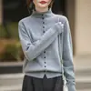 Cárdigan para mujer, suéter de lana, prenda exterior con cuello alto, corte holgado, grueso, suéter de punto de manga larga, top de otoño, punto liso, versátil