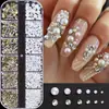 Accesorios de arte para uñas transfronterizos: Rhinestones de vidrio iridiscente AB con forma de perla media redonda y base plana, caja de tira larga de 12 compartimentos, set de rhinestones para decoración de uñas