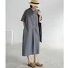 Vestido de Verano 2026 Nuevo de Algodón y Lino de Longitud Media con Bolsillos Grandes, Corte Holgado, Vestido Camisa de Manga Corta Adelgazante