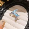Sirena Azul~ Anillo de Cola de Pez con Goteo de Aceite de Circonita Súper de Hada, Anillo de Lujo Ligero de Alta Gama con Temperamento Dulce y Elegante para Mujeres