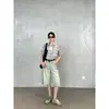 Jeans de Verano Zedaijiayi Moda Elfo Vintage Algodón Lavado Retro Tiro Medio Pierna Ancha Versátil Dobladillo Deshilachado Cinco Puntos