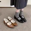Zapatos de tacón bajo retro de estilo coreano para mujer con punta cuadrada y diseño poco profundo, nuevos zapatos Mary Jane de felpa de suela plana elegantes, versión coreana, invierno 2024