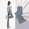 Calça Flare Micro-La Jeans Feminina Primavera e Outono 2023 Nova Cintura Alta Emagrecedora Para Mulheres Pequenas Cor Clara Bainha Desfiada para Verão