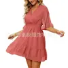 Vestido de Chifón Jacquard de Color Sólido con Mangas de Trompeta y Cintura Suelta para Mujer, Nuevo, Transfronterizo Europeo y Americano de Amazon 2023