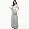 Jeans Cinza de Cintura Alta Wide Leg de Luxo para Mulheres, Novo Estilo Primavera 2026, Cintura Alta, Caimento Solto, Emagrecedor, Lavado, Estampa Floral, Calça de Comprimento Total