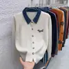 Ropa Exterior Bordada de Moda Solapa de Mezclilla Cardigan de Punto Falso Dos Piezas Suéter Abrigo de Temperamento Suelto Nuevo para Mujer Otoño Invierno