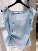 Nuevo Top Azul de Verano 2026 para Mujer con Botones, Volantes y Lazos, Cómodo, Versátil, Casual, Elegante de Manga Corta