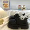 Sapatos de Couro Estilo Britânico com Salto Plataforma para Aumentar a Altura para Mulheres, Novos Mocassins Populares Outono e Inverno 2025, Sapatos Mary Jane Pretos