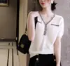 Suéter de Punto Canalé Estilo Chanel con Cuello en V de Manga Corta Fino de Tencel para Mujer de Ropa Zhengqite/Francés