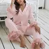 Pijama para mujer de estilo europeo y americano, con adornos de plumas estilo flamenco, ropa casual para estar en casa y textura de seda satinada