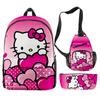 Nuevo producto 3D Cross-borDer: mochila escolar con diseño de Hello Kitty, bolso cruzado, estuche para lápices, conjunto de tres piezas con impresión