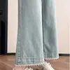 Jeans Feminino de Perna Reta com Barra de Renda Verão 2026 Nova Versão Estreita para Pessoas Baixas Calças Cropped de Cintura Alta de Perna Larga