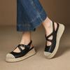 Sandalias de Cuña de Paja Estilo Vacacional con Tira Cruzada y Punta Redonda, Puntera y Talón de Piel de Cabra Genuina para Mujer, Verano 2025, Tacón Medio