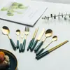 Al por mayor personalizado Creativo Escandinavo Cerámica Acero Inoxidable Cuchillo y Tenedor Cuchara de Café Verde Oscuro Tenedor de Frutas Tenedor y Cuchillo para Bistec Cuchara
