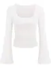 Camiseta sexy de color liso con cuello cuadrado y manga acampanada, estilo europeo y americano para mujer, colección de otoño 2026, corte ajustado, fruncido, top adelgazante de manga larga