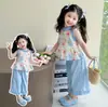 Conjunto de Verão para Meninas A-class Algodão Seda Sem Mangas Novo Fofo Estilo Retrô Floral Doce Elegante Conjunto de Duas Peças