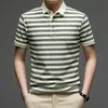 Camisa Polo Rayada de Seda de Hielo con Sensación Fresca, Camiseta de Algodón Puro para Hombre de Manga Corta, Moda Holgada con Estampado de Piña, Ropa de Verano para Hombre