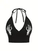 Camisola gótica exclusiva transfronteriza con estampado de calavera en la mano, cuello halter, cuello en V, espalda con cordones, sin mangas, corte ajustado para mujer