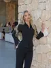 Conjunto de top e calça elegante e luxuoso, com gola lapela, acinturado, com saia evasê, fenda, mangas compridas, curto e de corte slim, para mulheres, adequado para o outono no trabalho