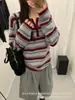 Suéter de tricô henley listrado estilo Miu para mulheres, outono e inverno, estilo coreano, macio e fofo, versátil, estilo preguiçoso, suéter pullover que afina