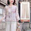Roupa de Verão da Mãe Fina Retrô Guofeng Camisa Pequena Conjunto de Duas Peças Roupas de Meia Idade e Idosas de Verão Meia manga Elegante Top Clothes