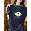 Camiseta de Manga Curta em Algodão Puro Color-Blocking para Mulheres, Novo Design Verão 2026, Peça Básica Estilosa Versátil Juvenil