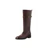Botas de Caballero Estilo Británico Piel Genuina Completa Otoño/Invierno 2026 Tacón Medio Grueso Punta Redonda Hebilla Caña de Piel Genuina Botas Altas para Mujer