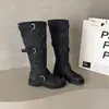 Botas de couro com fivela de cinto da moda para outono e inverno, botas de cano alto com salto grosso de nicho, botas longas acima do joelho, botas western cowboy emagrecedoras para mulheres