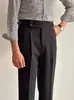Pantalones de vestir de waffle de pierna recta Nápoles de cintura alta, pantalones casuales elegantes de alta calidad, silueta de traje, modernos