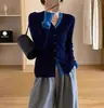 Cardigan de Tricô Gola V Color Block Estilo Europeu Outono Elegante Mature Manga Longa Suéter de Botão Único Versão Coreana Moda Top Emagrecedor