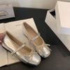 Zapatos Mary Jane para Mujer 2026 Verano Nuevo Estilo Moño Punta Cuadrada Color Plateado Costura Oculta Tacón Plano Zapatos de Ballet