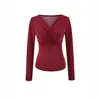 Camiseta Sexy Puro Estilo com Decote em V Cruzado e Pregas, Manga Longa, Nova Moda Primavera, Versátil, Slim Fit, Top Elegante