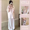 Conjunto de Primavera de Manga Larga y Pantalón Largo de Color Sólido con Cuello Redondo Francés y Encaje, Estilo Puro y Dulce, Ropa de Casa Holgada, Estilo Delgado