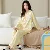 Algodón Puro Pijama de Mujer Otoño Nuevo Estilo Manga Larga Pantalón Largo Cárdigan Solapa Dulce Ropa de Casa Conjunto de Dos Piezas