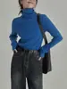 Camiseta de punto suave y cerosa para otoño e invierno para mujer, blanco francés, azul Klein, cálida, básica, de cuello alto, ajustada