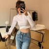 Camiseta Feminina Branca Leitoso Cinza Gola Redonda Ombro Manga Longa Slim Fit Cor Sólida Top Base para Outono Inicial Novo Sensação de Alto Padrão