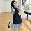 Camiseta de Maternidad Conjunto de Primavera Estilo Coreano Conjunto de Vestido Chaleco de Mezclilla para Maternidad Vestido Camisa a Cuadros Conjunto de Dos Piezas para Maternidad