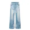 Calça Jeans Drapeada Estilo Americano com Padrão de Bigodes para Homens, Caimento Solto, Cleanfit, Moda High Street, Calça Wide Leg Lavada e Desgastada