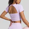 Juyitang Malla de Melocotón Espalda Bonita Manga Corta Alta Elasticidad Almohadilla de Pecho Extraíble Ropa de Yoga Deportiva Running Entrenamiento Ropa de Fitness Mujer