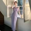 Verano 2025 Nuevo Vestido Chaleco Morado Plisado para Mujer Sentido del Diseño Ajustado Sexy Delgado Elegante Moderno Vestido Largo