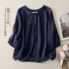 Camisa de Algodón y Lino con Encaje Empalmado Estilo Retro para Mujer Verano Holgada Delgada Zen Manga Tres Cuartos