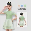 Traje de baño infantil Happy Yuan para niñas, vestido de una pieza de manga corta con almohadillas extraíbles en el pecho, anti-exposición, adecuado para vacaciones y aguas termales