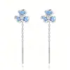Brincos de Franja Flor Íris Azul com Agulha de Prata Pura 999 para Mulheres, Brincos Longos de Passar na Orelha, Joia de Orelha Elegante e Versátil
