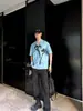 Camisa de Manga Corta Azul de Moda para Hombre Estilo Coreano Cool y Guapo Cuello Cubano Estampado Original Estilo Vacacional de Moda para Hombre Verano 2025