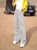 Jeans de Mezclilla de Alta Gama para Mujer, Estilo Americano de Verano, Pantalones de Pierna Ancha con Estampado Floral Súper Elegantes, Pantalones de Piso Versátiles de Moda que Reducen la Edad