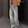 Jeans Retrô Americano com Cintura Colorida Estampada em Letras Wide Leg para Homens Calças Casuais Retas Largas Comprimento Total