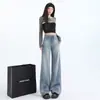 26 Jeans de pierna ancha acampanados de línea A con teñido anudado de primavera para mujer, de cintura alta, adelgazantes, de pierna recta, holgados, fluidos, pantalones de largo hasta el suelo